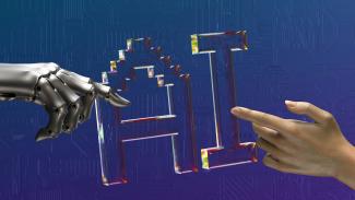 robot and human hands reaching toward ai text by Igor Omilaev courtesy of Unsplash.